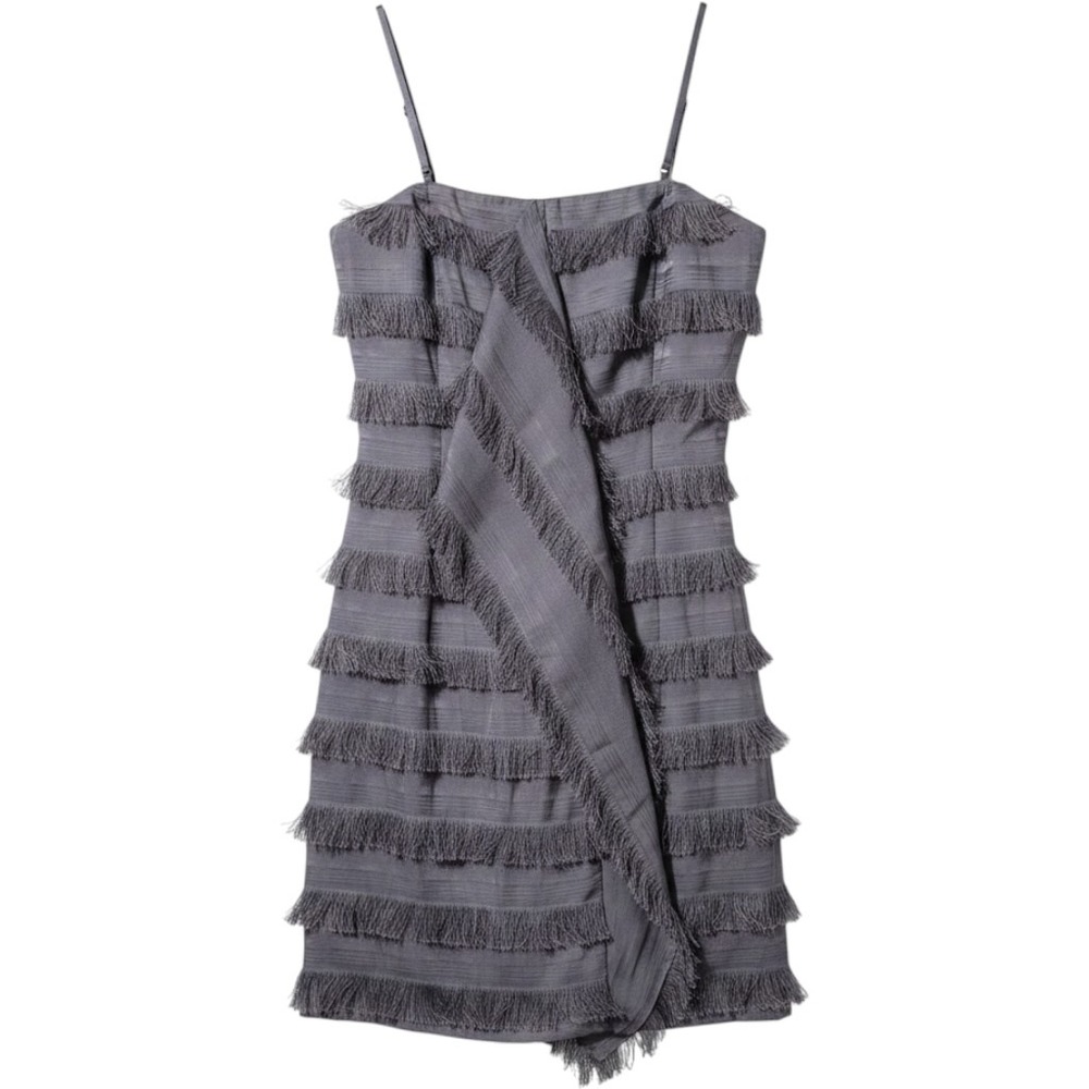 Banana Republic Fringe Dress 4 Grey Tiered Ruffle Cocktail Flapper Aesthetic‎
